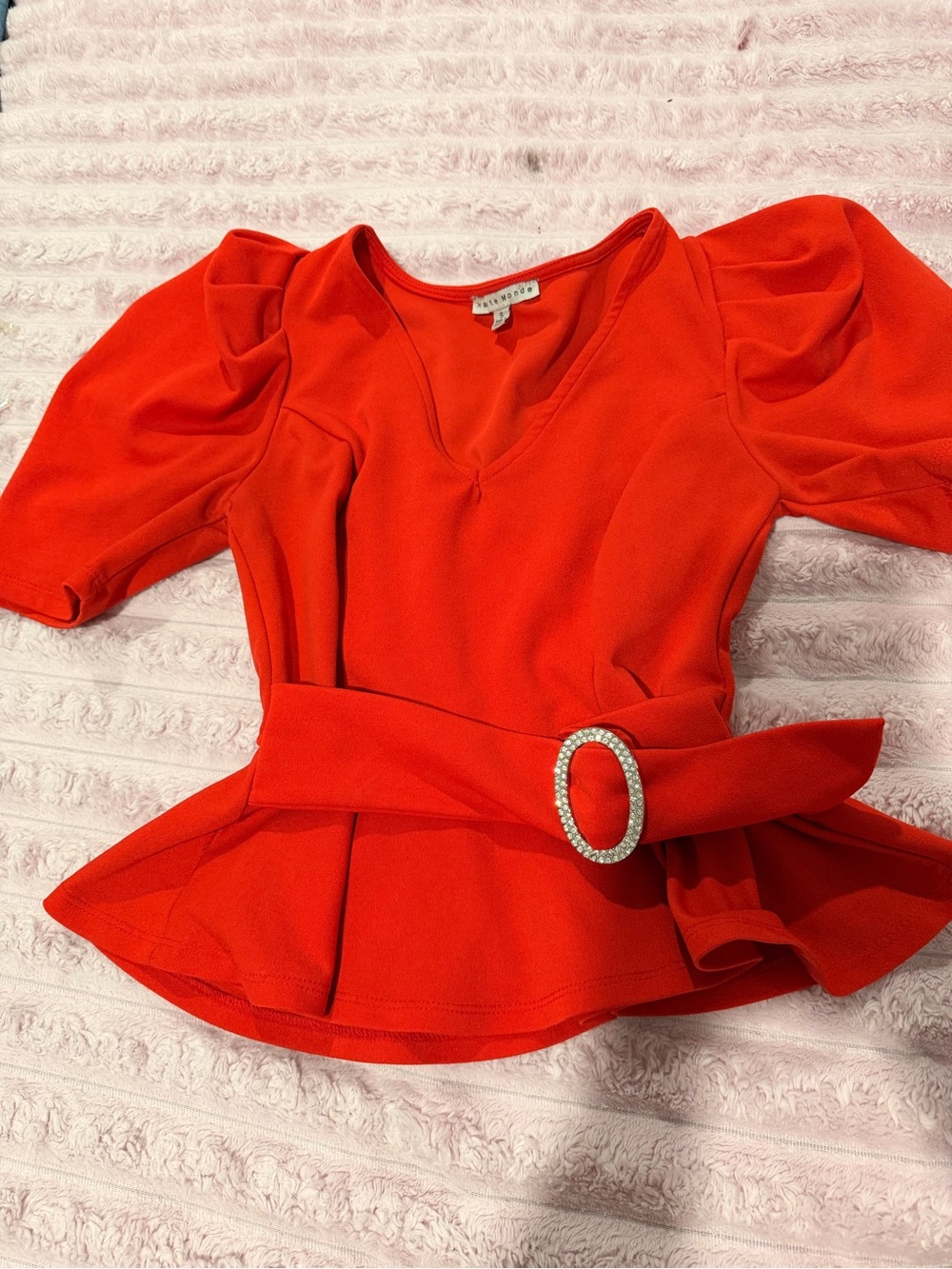 Haute Monde Bright Red Puff Sleeve Peplum Top with Decorative Buckle